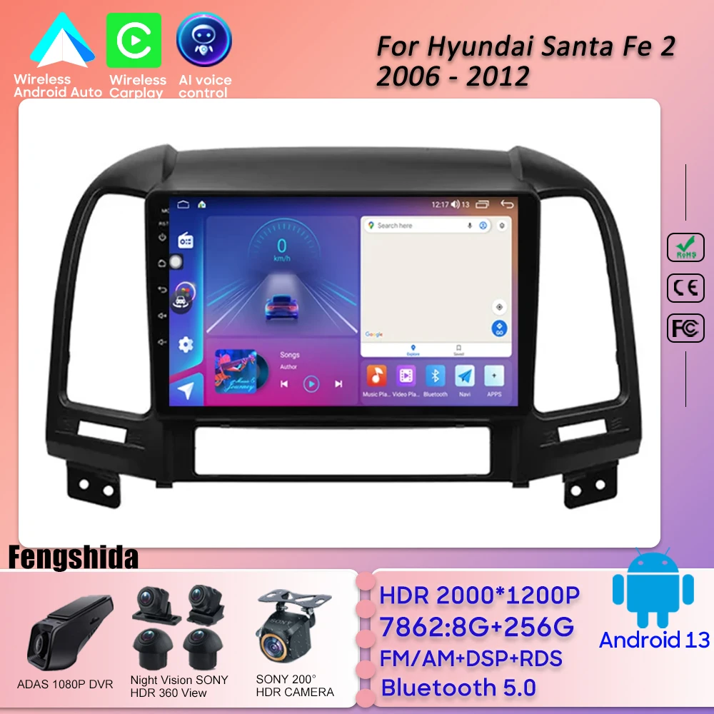 

Car Android For Hyundai Santa Fe 2 2006 - 2012 Bluetooth Mirror Link Dash Cam GPS Navigation No 2din DVD HDR QLED Screen Wifi 5G