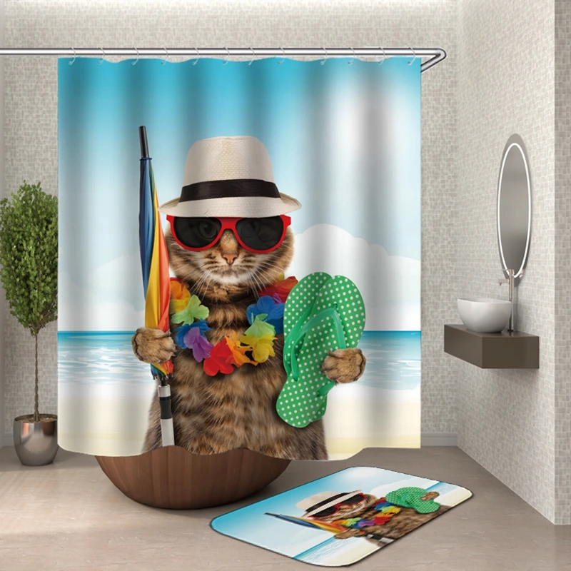 Tenda da doccia per gatti dei cartoni animati Animale divertente Simpatico gatto Cane Bambini Stampa Bagno impermeabile Tende da doccia per bagno Decorazione con ganci  15