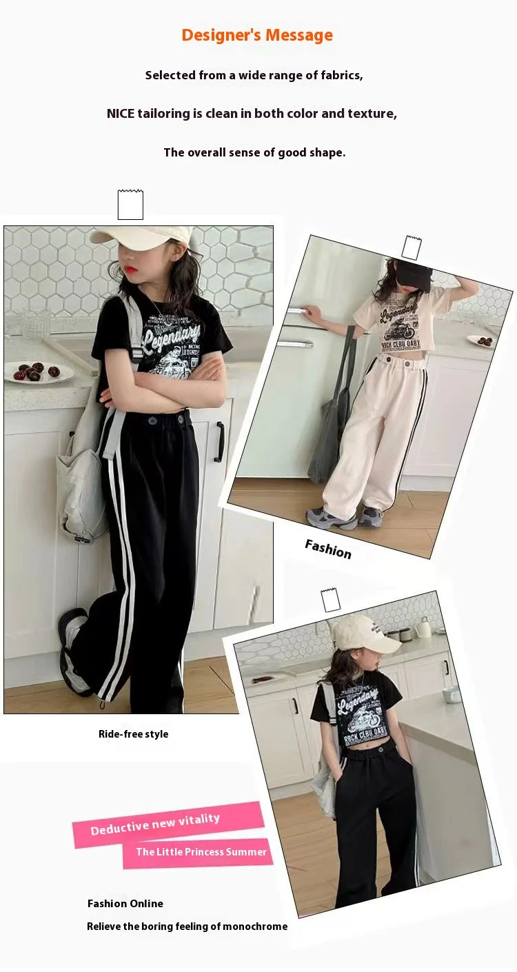 Girls’ short-sleeved T-shirt and casual pants two-piece summer set displayed on a pastel background with playful accessories black and beige