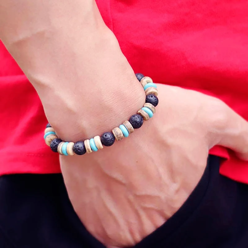 Vintage Wood Beaded Bracelet Mens Natural Lava Obsidian Stone Braslet Yoga Meditation Prayer Jewelry Tiger Eye Braclet Homme - Image 3