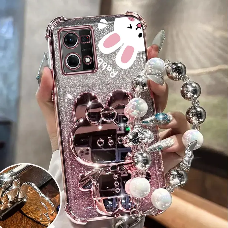 Airbag Glitter Mirror Rabbit Phone Holder Case with Anti-Knock Stand Back Cover