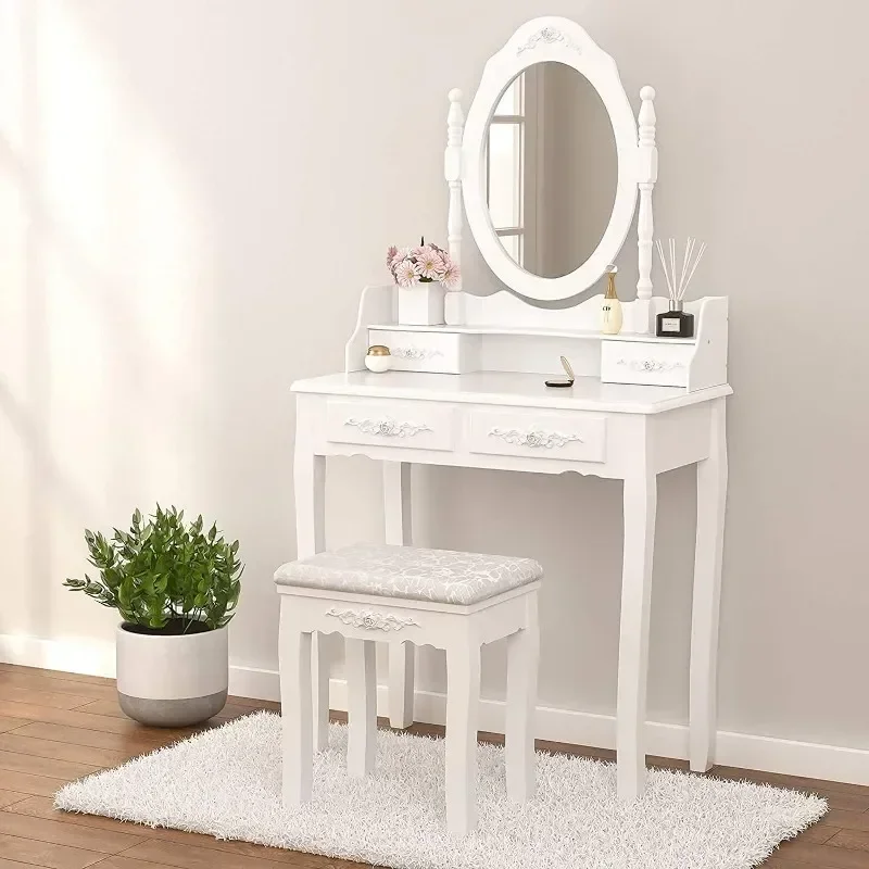 - Table Set Makeup Table with Oval Mirror & Stool Bedroom Wood Dressing Table with 4 Drawers White