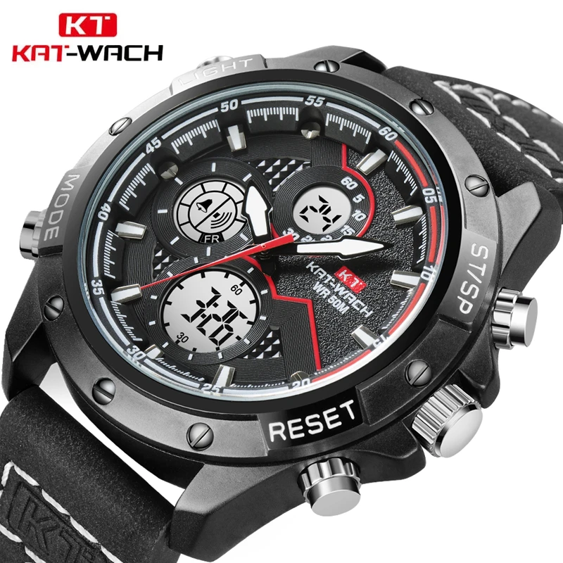 2022 KAT-WACH Fashion Date Electronic Timing Men's Watches Military Chronograph Leather Sport Wristwatches Men Relogio Masculino