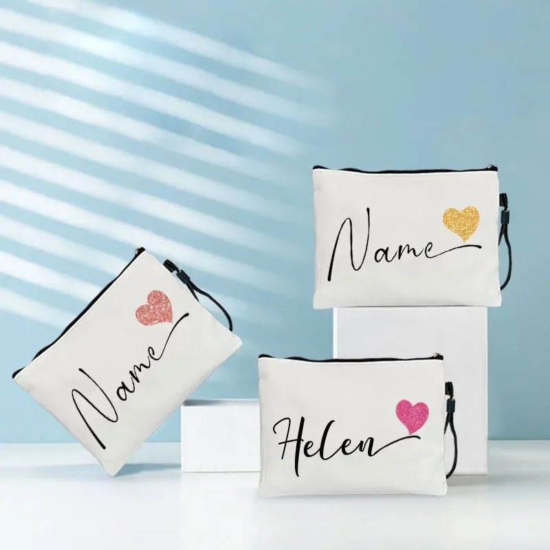 Personalized Custom Name Text Cosmetic Bag Rose Gold Color Love Heart Makeup Bags Travel Toiletry Pouchs Kit Teacher Bride Gift cosmetic bag cosmetic storage bag toiletry bag makeup bag cosmetic case