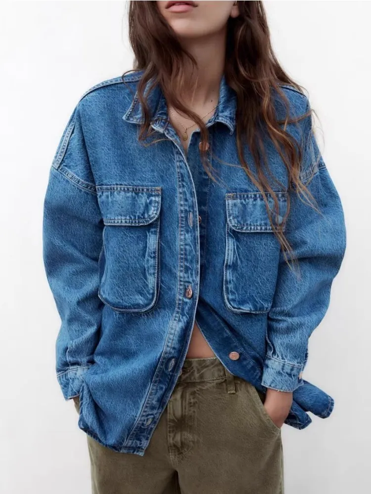 

Blue Loose Denim Shirt Design With Patch Pockets Embellished With Vintage Washed Casual Lapel Short Jacket