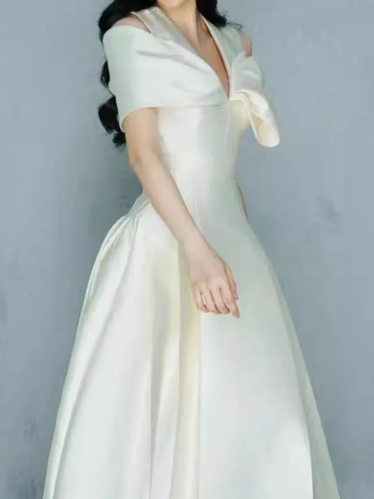 Elegant Long Dress Fairy Style V-neck Hollow Waist 3D Bow Pocket Fashion Party Dresses For Women 2025 Spring Summer 23A9338