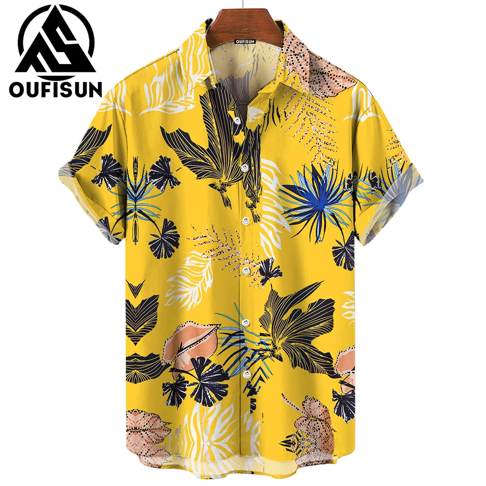 

Hawaiian Shirt For Men 3d Leaf Flower Print High-Quality Short Sleeved Shirt Summer Casual Top Oversized Shirt Street Sweatshirt