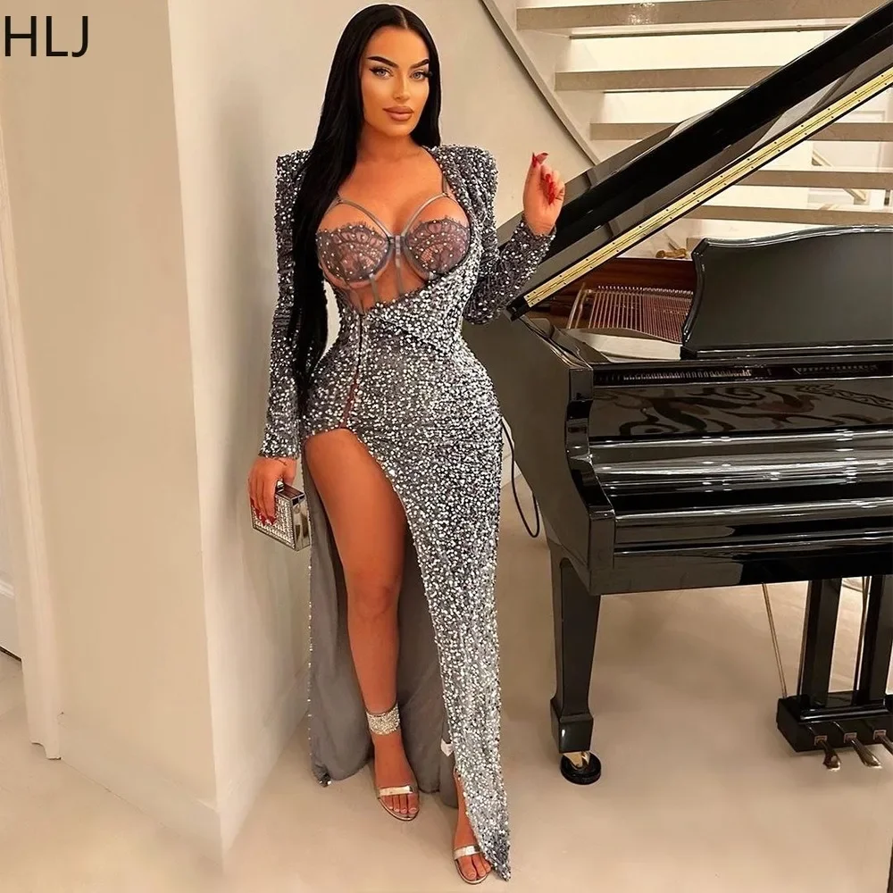 

HLJ Sexy Sequin Luxury Hollow Evening Party Dresses Women Mesh Bodysuits+Long Sleeve Higt Slit Slim Floor Dress Fashion Vestidos