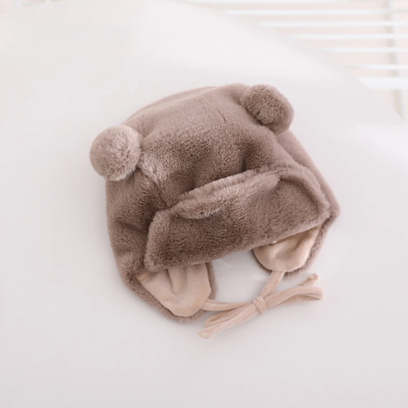 Cute Bear Baby Ear Protection Beanies Infant Plush Earflaps Cap Soft Furry Winter Warm Hat Kids Girl Boy Soild Bonnet Fit 8M-3Y