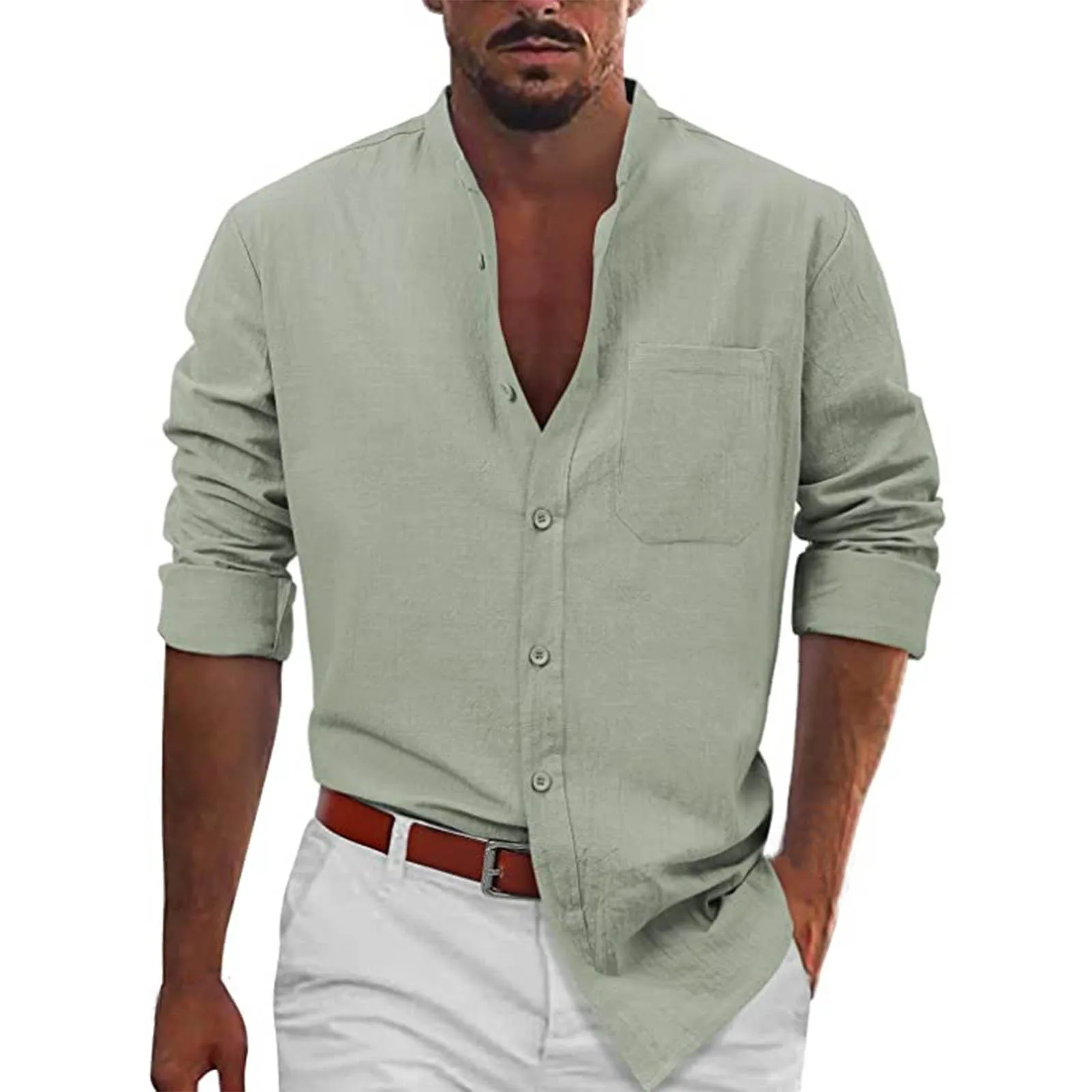 

Однотонные рубашки для мужчин, простые повседневные модные рубашки из хлопка и льна с длинными рукавами, рубашки в европейском и американском стиле с пуговицами