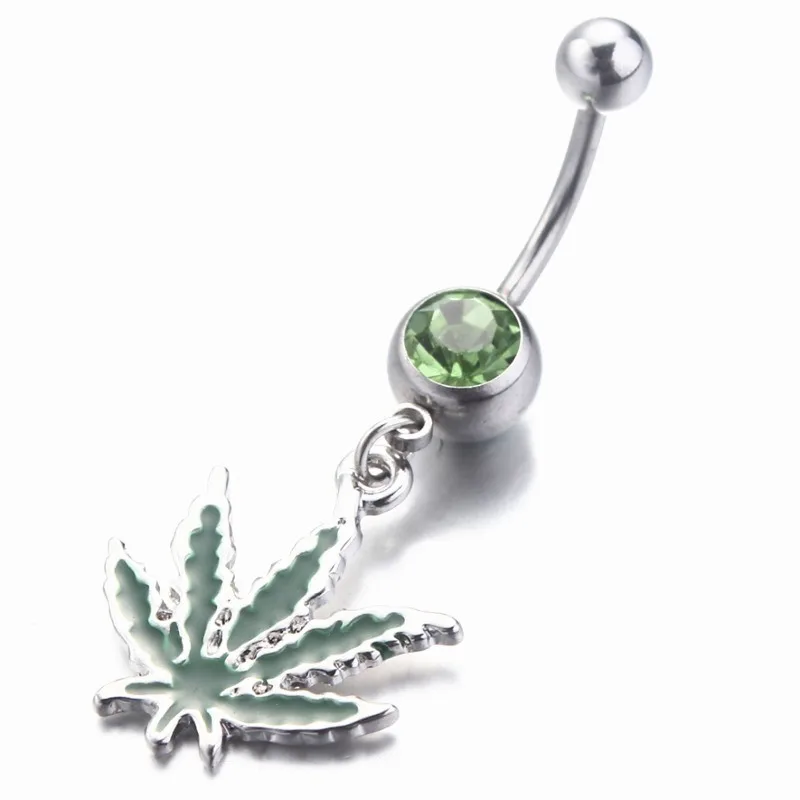 316L Stainless Steel Leaf Belly Button Ring for Women Green Maple Leaf Dangle Belly Rings Barbell Navel Body Piercing Jewelry
