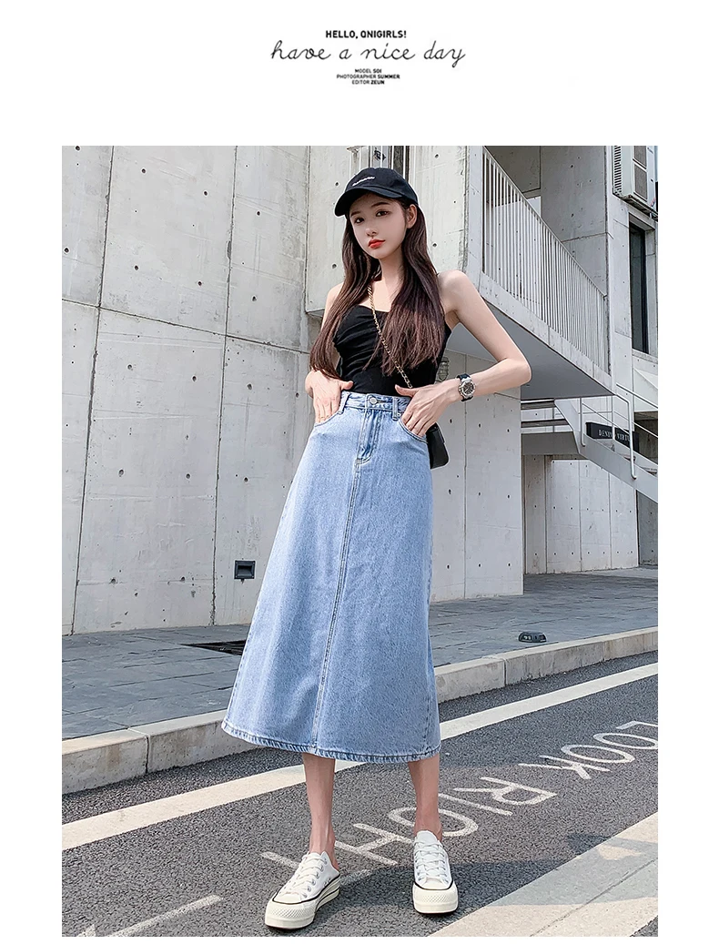 Korean Fashion Temperament Light Blue Denim Skirt 2022 Summer Women'S New High Waist Thin Wrap Hip A-Word Medium Length Skirt purple skirt