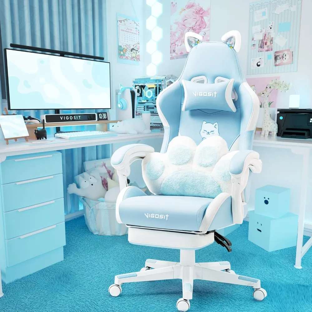 

Cute Gaming Chair with Cat Paw Lumbar Cushion and Cat Ears, Ergonomic Computer Chair with Footrest, Reclining PC Game Chair