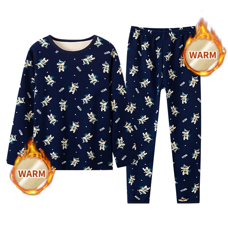 2 pieces of children's autumn and winter plus velvet warm fashion printed long-sleeved trousers suit boys and girls pajamas unde children underwear suits children clothes