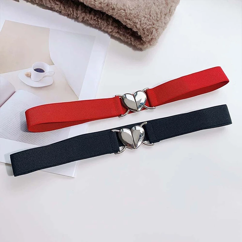 

Love Buckle Thin Belt For Women Decorative Red Girdle With Alloy Buckle Elastic Narrow Belt Versatile Waistband Dress Coat