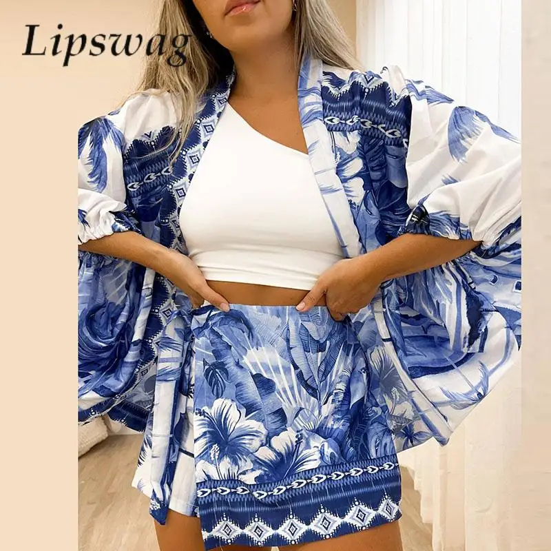 

Harajuku Casual Loose Women Beach Set Fashion Print Batwing Sleeve Tops Cardigan & Tie-up Shorts Skirt Outfits Women Loose Suits