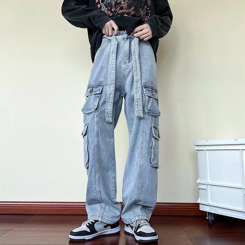 2024 New Men Cargo Jeans Wide Leg Pants Multiple Pockets Baggy