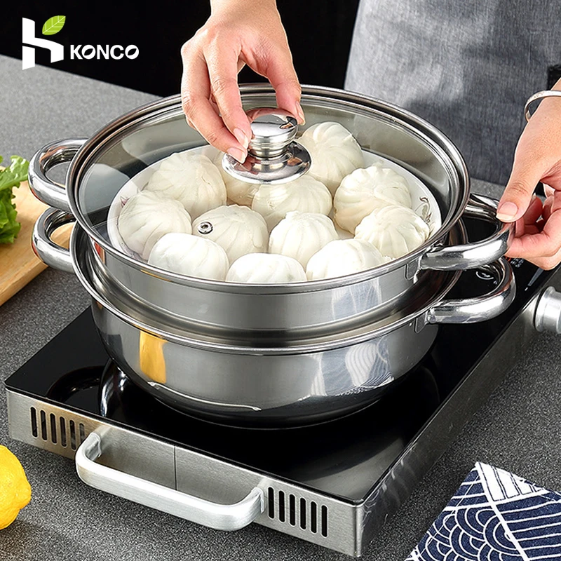 Stainless Steel Two Layer Steamer Pot Soup Steam Pot Transparent Glass Lid Kitchen Cookware for Universal Gas Induction Cooker