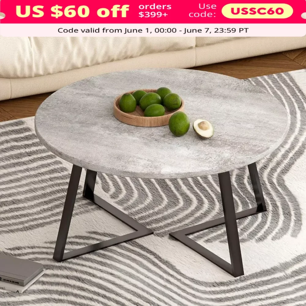 

Coffee Table, Round Mod Concrete Coffee Table - Modern Industrial Wood Coffee Table for Living Room, Coffees Tables Modern