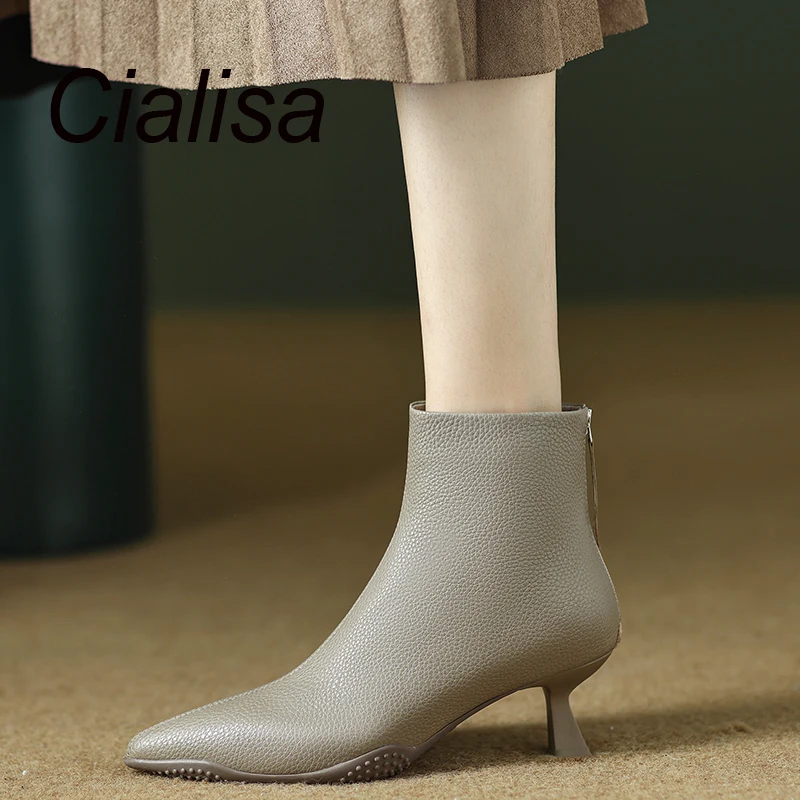 

Cialisa Pointed Toe Short Boots For Women 2023 Autumn Winter Shoes Genuine Leather Sexy High Heels Zipper Ankle Boots 34-40 Grey