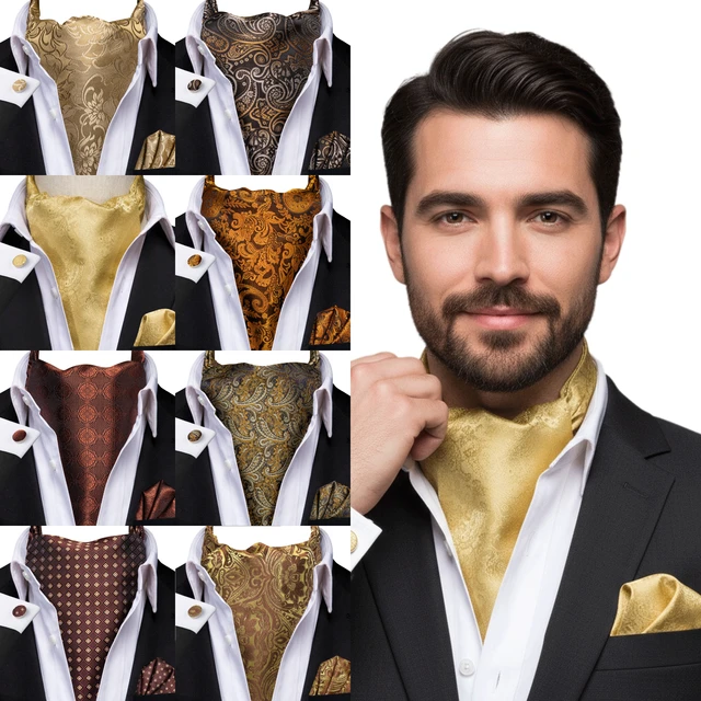 3pcs Mens Yellow Gold Floral Stripes Cravat Ascot Pocket Square Cufflinks  Set Wedding Formal Casual Office 1