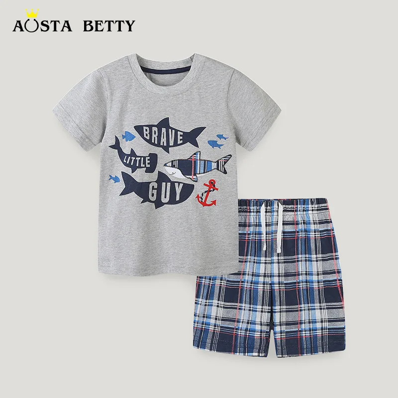 

Children's Suit Summer Children Knitted Cotton Short Sleeve Cartoon Round Neck Shorts Two-piece Set