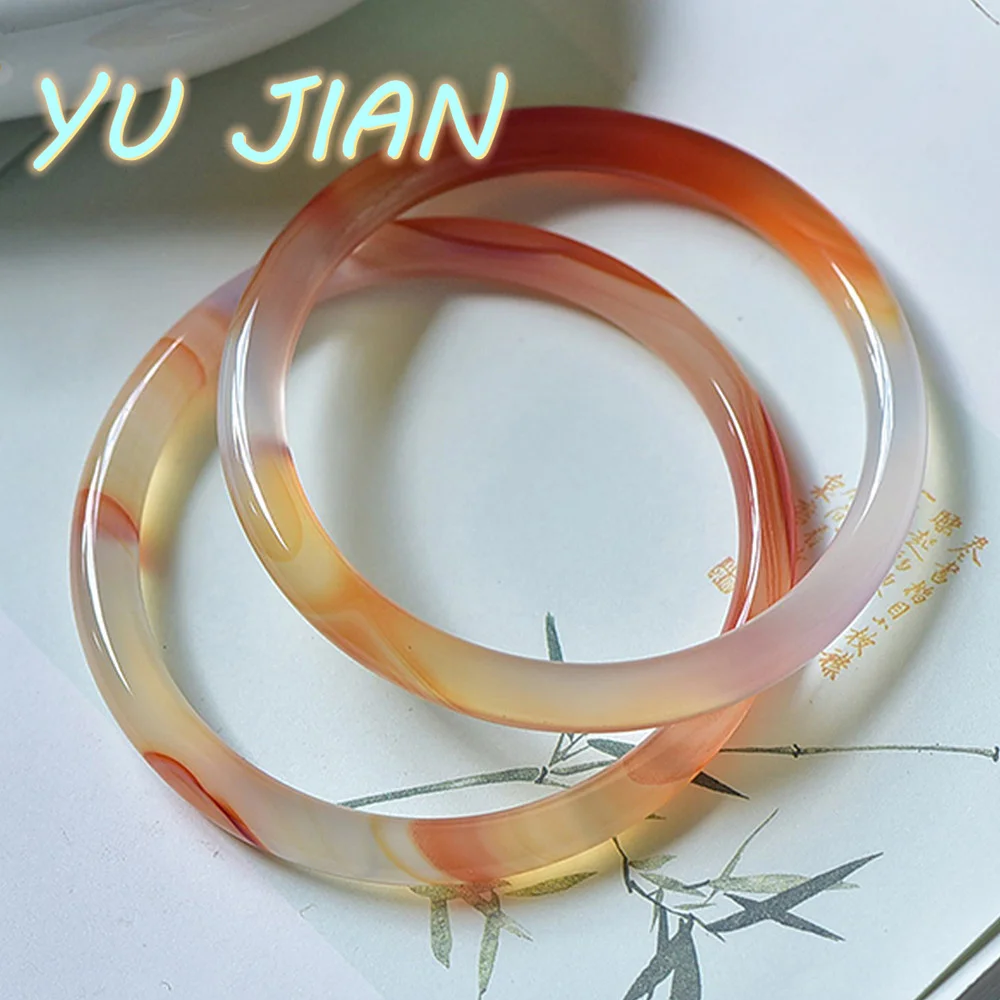 New Natural Floating Flower Chalcedony Round Bar Bangle Cherry Red Honey Agate Bracelet Narrow Orange Handring Fine Jewelry