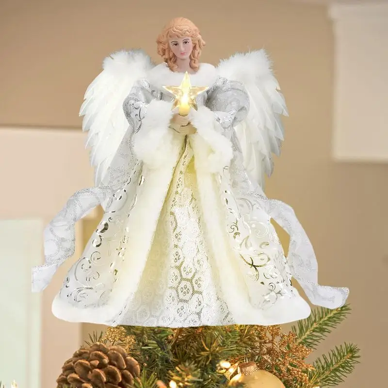 Ange De Noël Pour Cime De Sapin - Avec Guirlande Lumineuse - Déco Intérieur/extérieur (25x30 Cm)