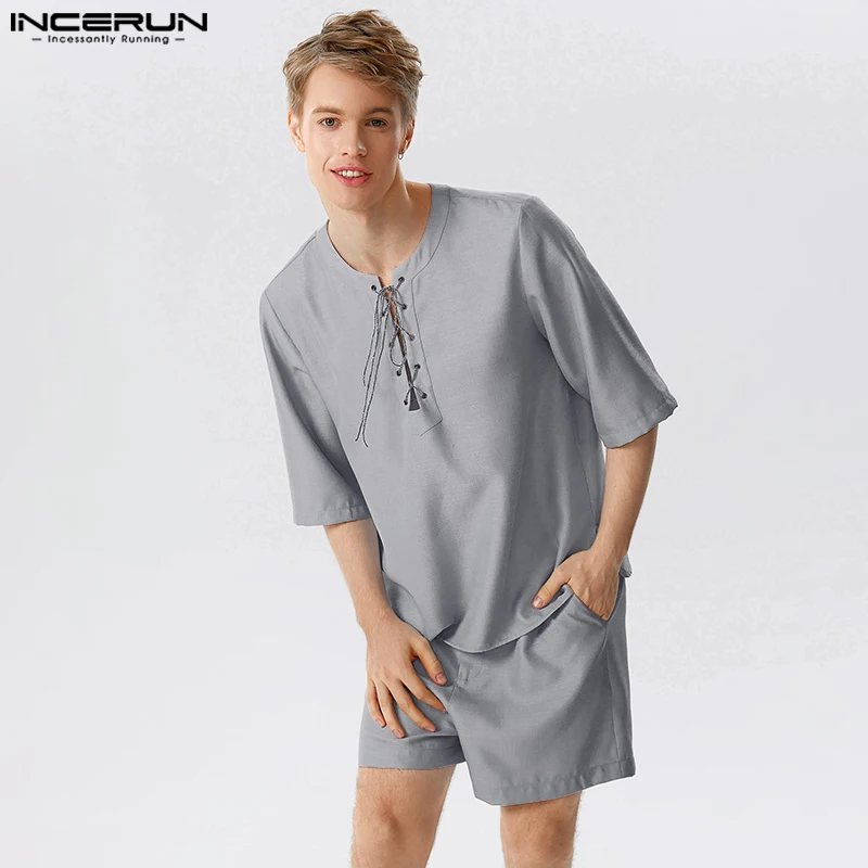 INCERUN 2023 American Style Men Sets Tie Up Half Sleeve Tops Shorts Leisure Well Fitting Male Solid Hot Sale Suit 2 Pieces S-5XL