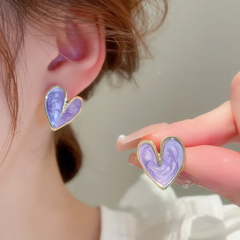 White Blue Purple Color Heart Stud Earrings for Women Girl Korean