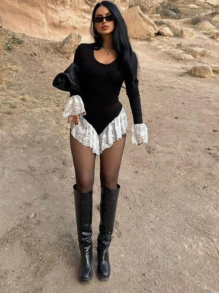 NIBBER Tierred Patchwork lace bodysuits women Flare Sleeve stretch skinny sexy fashion midnight sweet Music festival streetwear