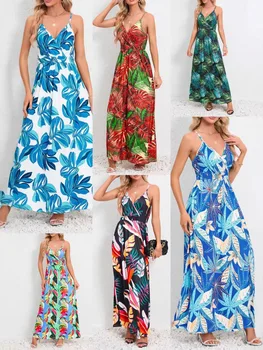2026 European and American Fashion Printed Sexy Spaghetti Strap Backless Sleeveless Slim Fit Slimming Vacation Casual Long Dress