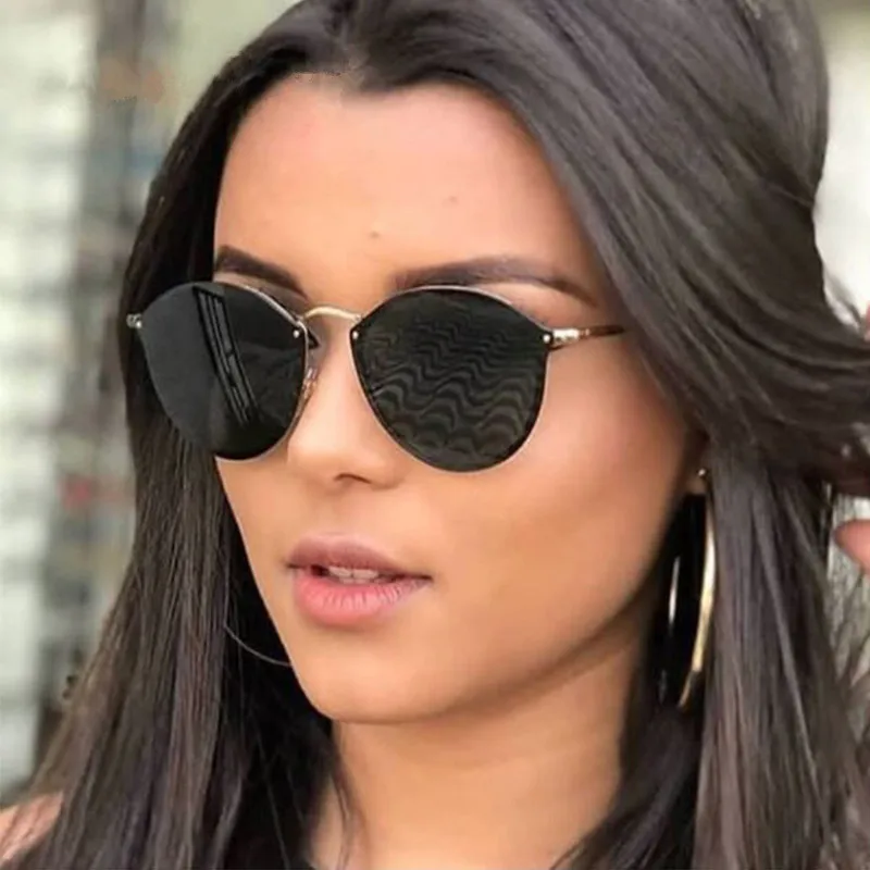 

Luxury Round Sunglasses Women Brand Designer CatEye Retro Rimless Sunglass Mirror Sun Glasses Female 2024 Zonnebril Dames