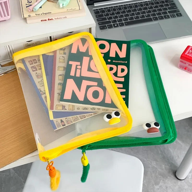 PP 지퍼가 달린 1pc A4 투명 능직 파일 가방, 귀여운 눈 액세서리, 학교 및 사무용품을 위한 휴대용 주최자