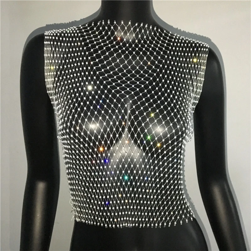 

Women Sexy Sleeveless Mesh for Tank Top for Rhinestone Fishnet Beach Cove P8DB