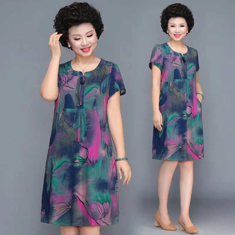 

Loose Printing Women's Clothing Fashion Casual Knee Skirts Dignified Intellectual Round Neck Comfortable Vintage Elegant Dresses