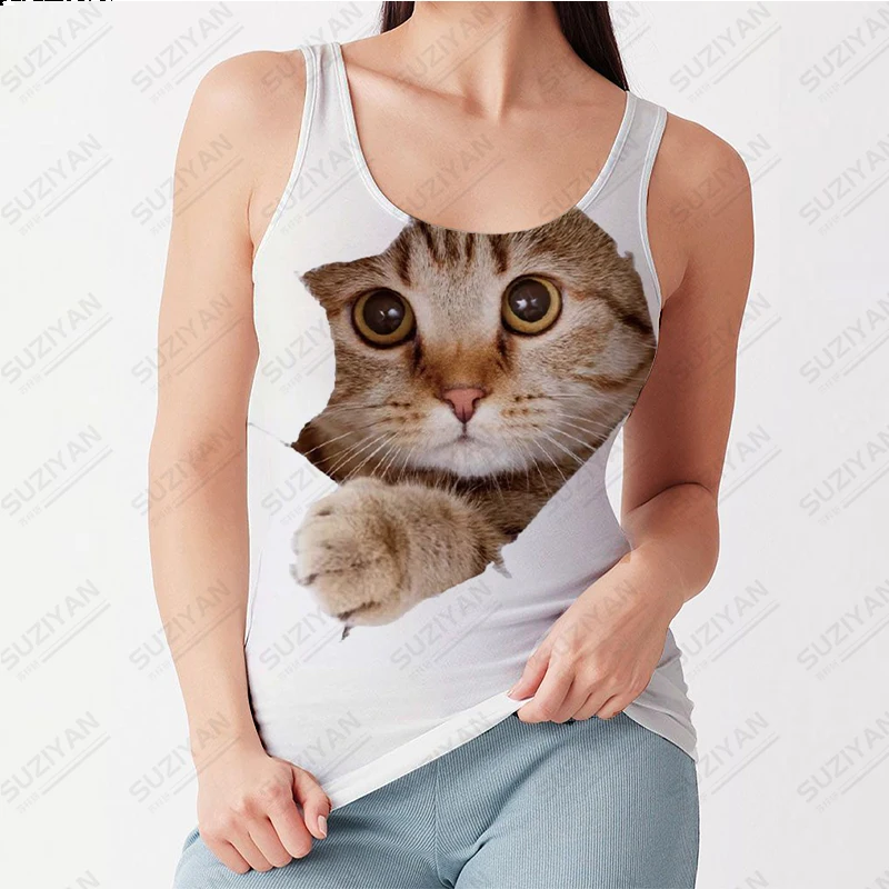

Summer Fashion New Women's Round Neck Sleeveless Fragmented Flower Tank Top with Casual Breathable Cat Print Women's Strap Top