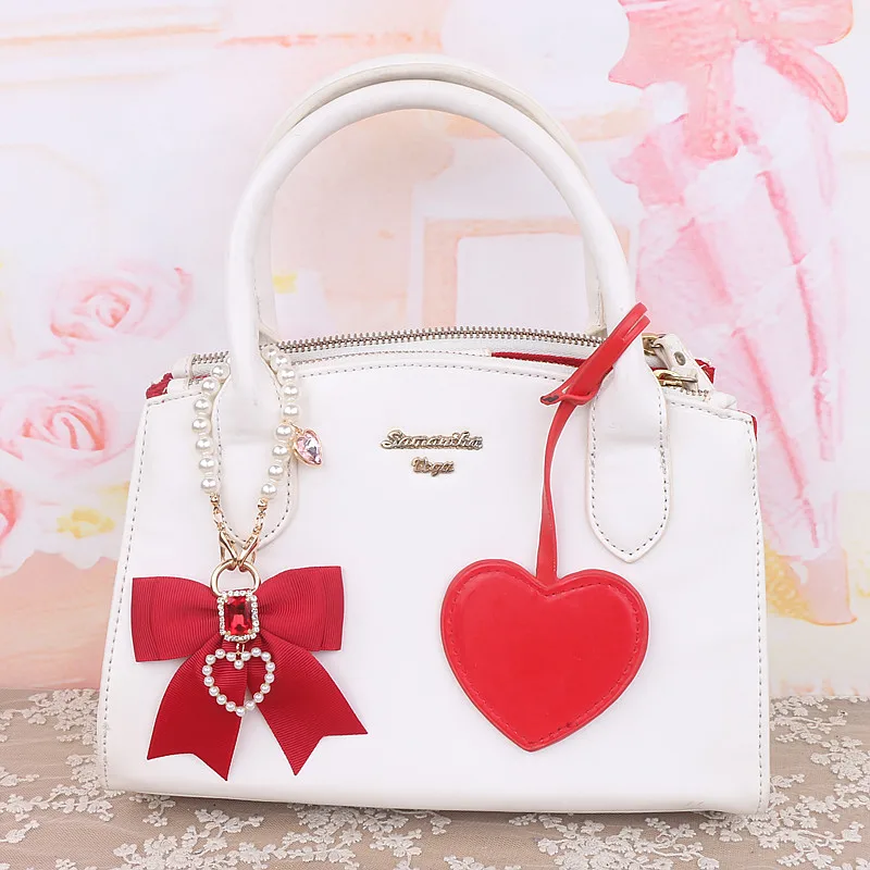 Handmade Sweet Cute Beaded Pearl Handbag Accessories Student Girls Bowknot Rhinestone Bag Pendant Japanese Lolita Bag Charms