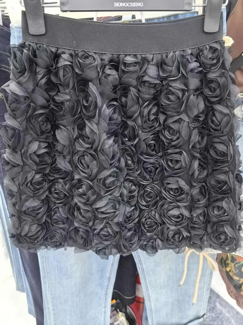 Solid Color Three-dimensional Rose Blossoms Short Skirts Women 2025 Sweet High Waist Elegant Skirt