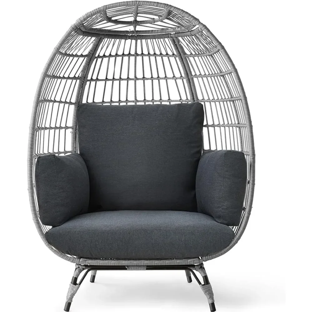 

Wicker Egg Chair, Oversized Outdoor Lounger for Patio, Backyard, w/ 4 Cushions, Steel Frame, 440lb Capacity - Gray/Charcoal