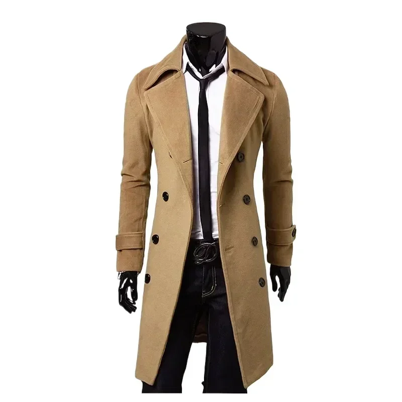 Mens Double Breasted Trench Coat Wool Blend Autumn Winter Solid Casual Slim Fit Long Jacket Wool Coat Fashion Mens Clothing wool overcoat