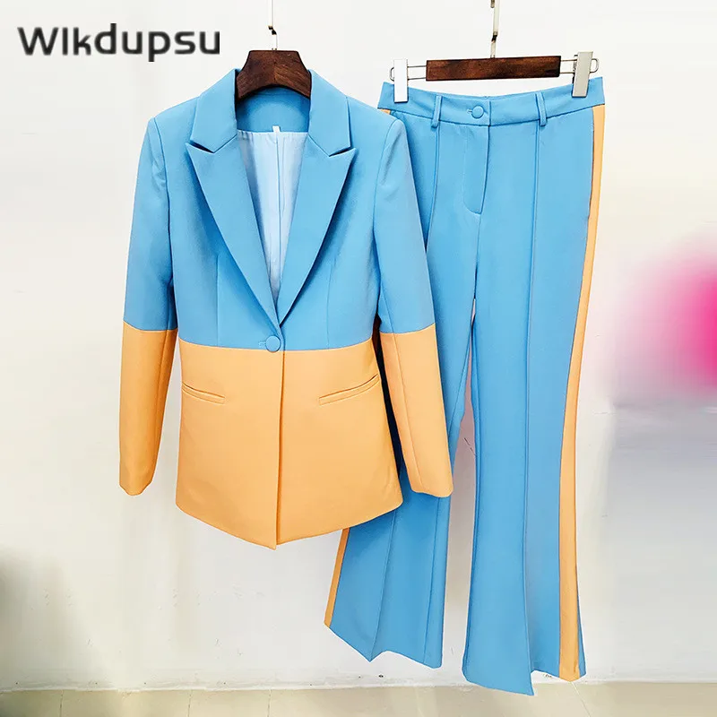 

Women 2 Piece Set Office Pants Suits Blazer Jacket Flare Trousers OL New Fashion Designer Runway Contrast Color Outfit Clothes