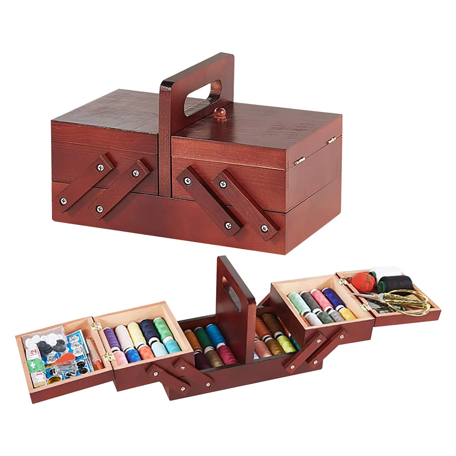 Jewelry Storage Box Sewing Accessories Sewing Storage Box Sewing Kit Foldable Wooden Sewing Box Compartments Needles Thread Scissors Sew Basket Jewelry Boxes Household Sewing Supplies