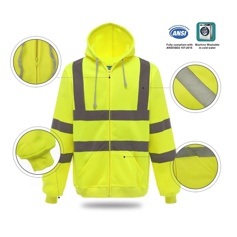 Hi Vis 건설 노동자 안전 후디, 남성용 맨투맨 스트리트웨어, 지퍼 풀오버, 반사 줄무늬, 캐주얼 작업복