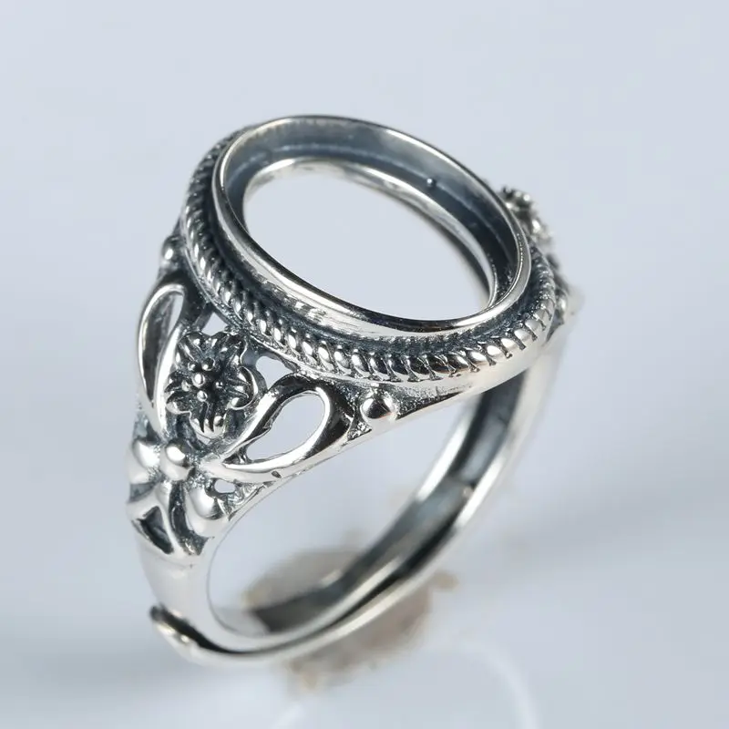 

9x13mm Oval Cabochon Semi Mount Ring 925 Sterling Silver Ring for Women Flower Vintage Retro Open Adjustable Wholesale 20pcs/Lot