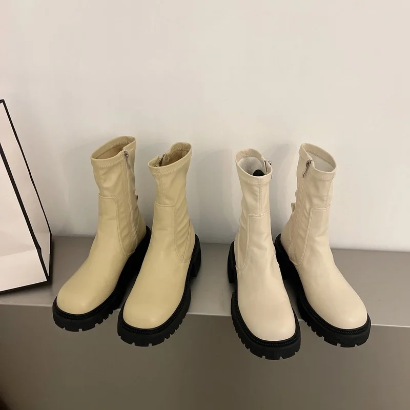 Thick Sole Women Ankle Boots Fashion Square Toe Heel Zipper Ladies Flat Heel Short Boots High Quality Autumn Women's Boots Shoes