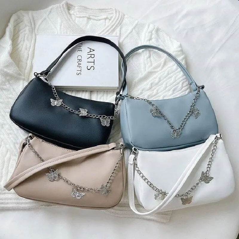 Retro Butterfly Chain Underarm Bag Womens Fashion PU Solid Shoulder Bag  Travel Casual Small Handbag - AliExpress