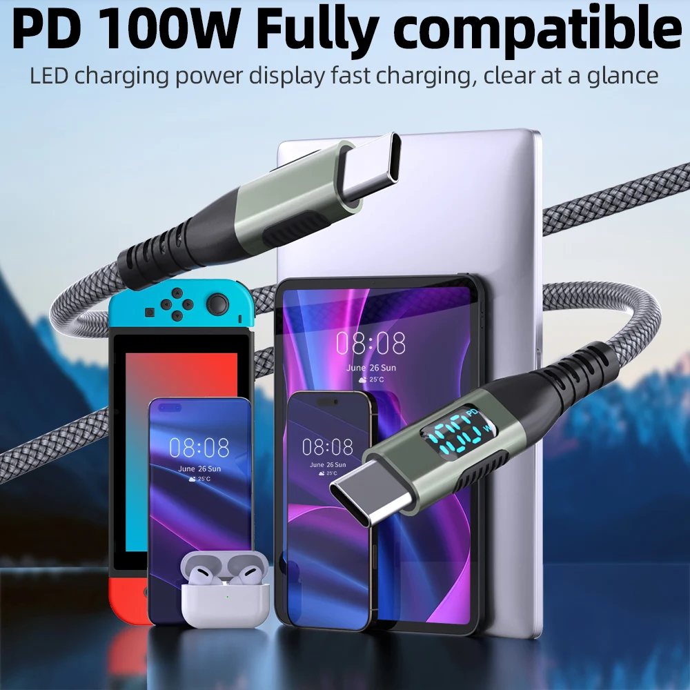 High-Power USB-C to USB-C Cable with Digital Display – Fast Charging Nylon Braided Data Cable