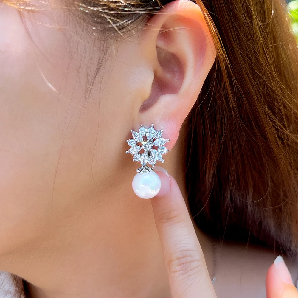 Ear Clip Earrings Clip Earrings Ear Clip Ear Accessories CWWZircons Elegant Cubic Zirconia Flower Pearl No Hole Earrings for Women Fashion Jewelry Ear Clip On Non Pierced Earring EJ0006