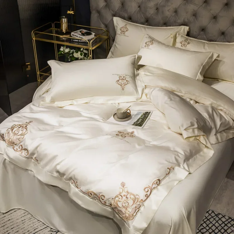 

600TC cotton Bedding sets Queen King size embroidery Duvet cover Bed sheets/Elastic band fitted sheet linen set bed set
